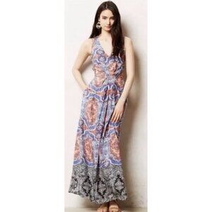 ANTHROPOLOGIE MAEVE 100% Silk Medallion Cut Out Orange Paisley Maxi Dress Boho 6